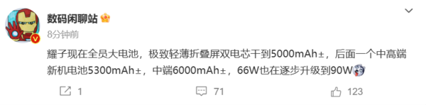 荣耀将在后续新机上搭载大电池 快充也会升级到90W