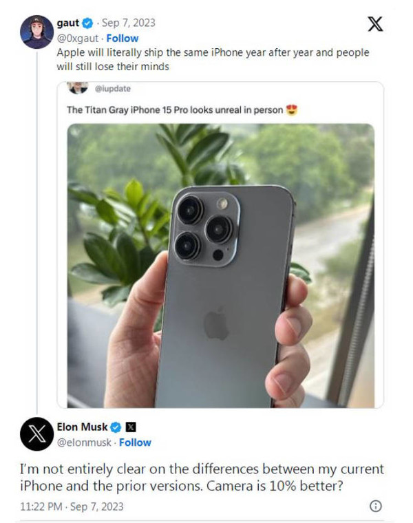 马斯克讽刺苹果iPhone没新意遭果粉回怼：特斯拉也是