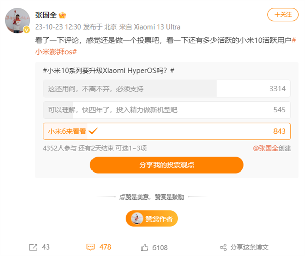 张国全微博调研：小米10系列要不要升级澎湃OS 米粉投票结果没意外