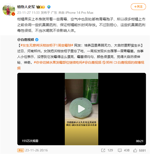 女生无意将沃柑放柜子1周变霉球 网友警告：处理需做好防护