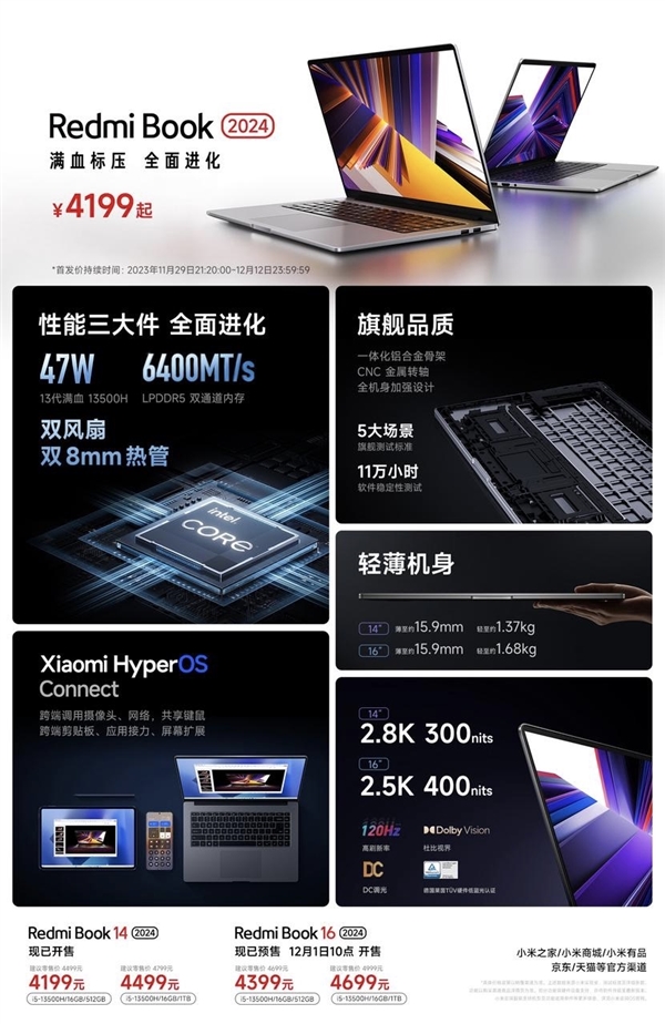 4199元起！RedmiBook 2024发布：47W满血性能